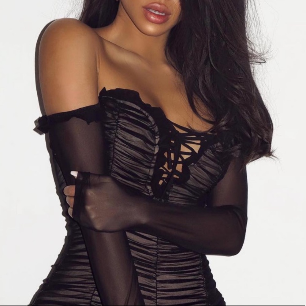 New•Black Sheer Ruched Ruffle Mesh•Mini Dress
